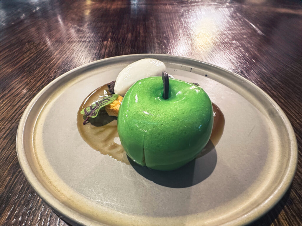 Michelin star dessert at the athenaeum hotel, which looks like an apple