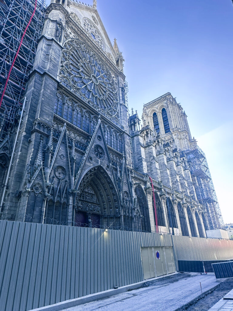 Outside the Notre-Dame Cathedral with scaffolding