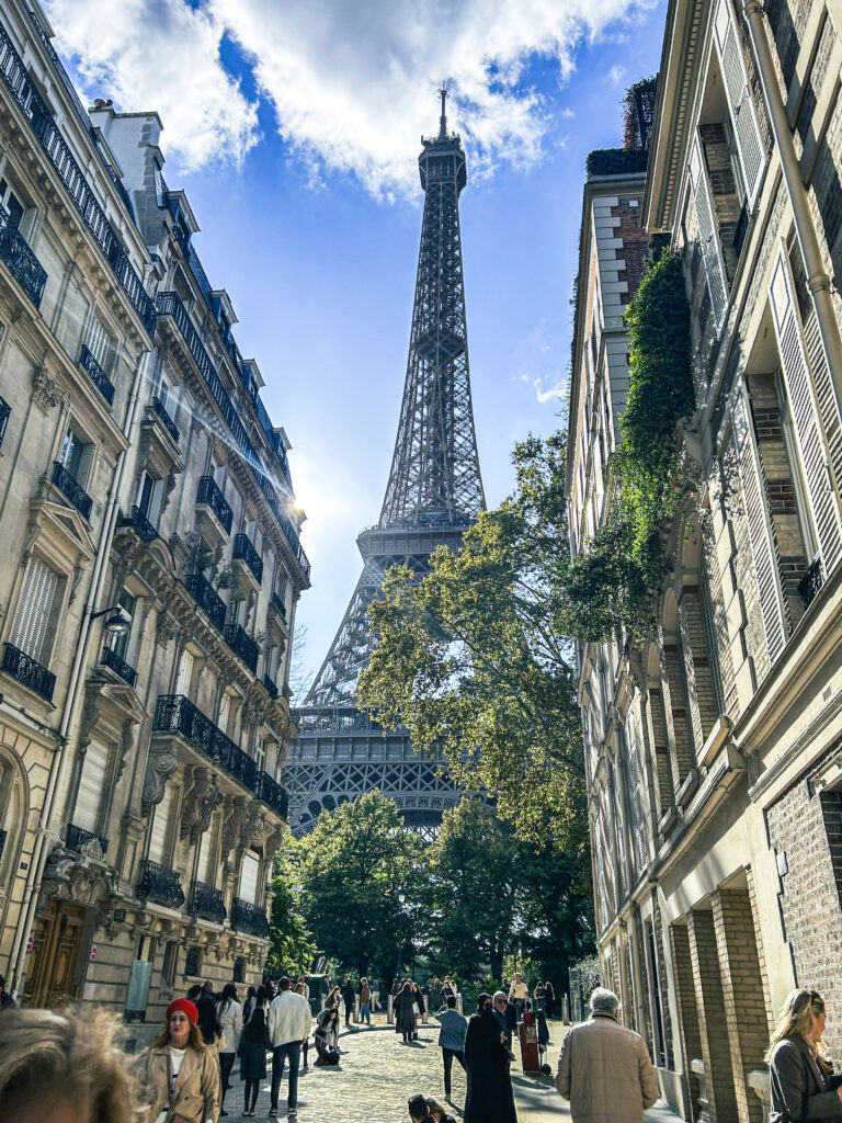 the eiffel tower view from rue de l'universite