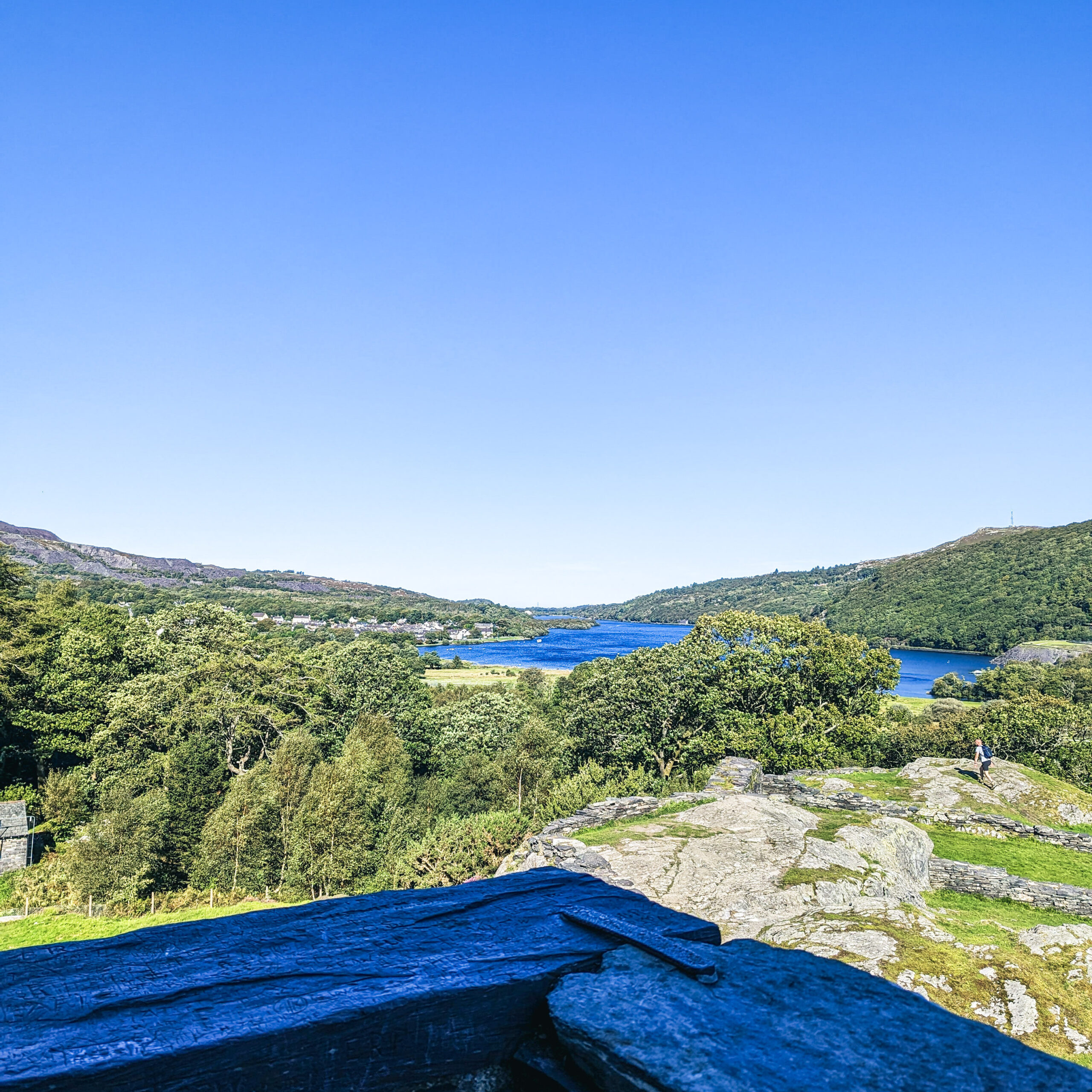 view of a Lake in Llanberis surrounded by trees.