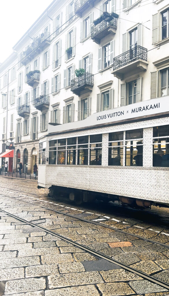 Louis Vuitton x Murakami tram passing through Milan’s Quadrilatero della Moda district